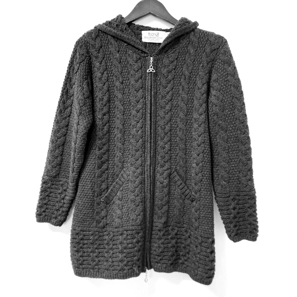 Aran Sweater Market Charcoal Grey Merino Wool Cable Knit Zip Cardigan Ireland M